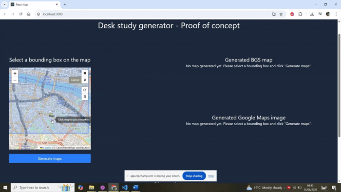 Desk study report generation app turning a point on a map to exports of BGS map images